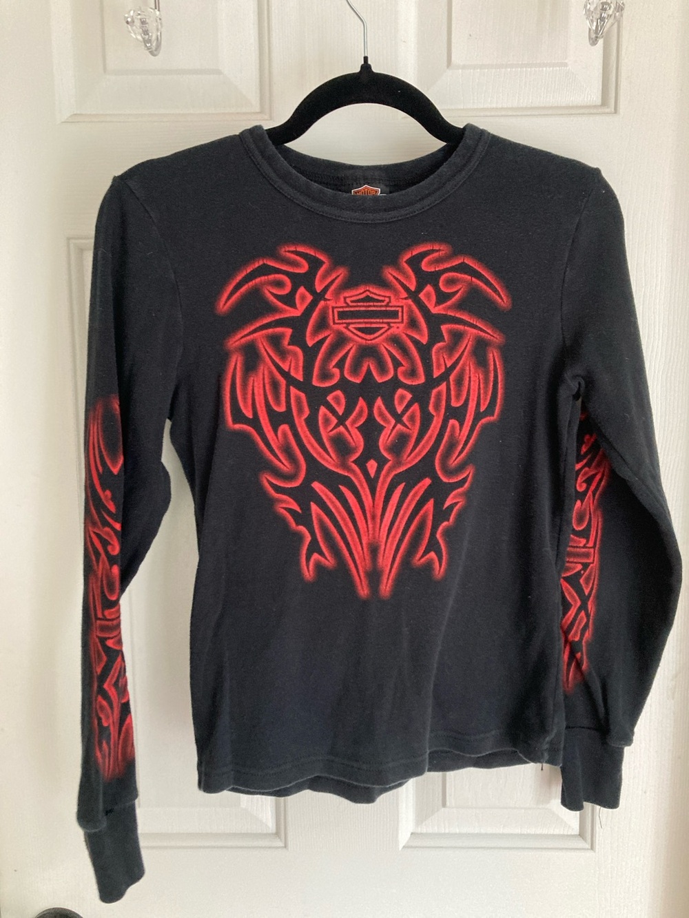 Harley-Davidson Black Long Sleeve Tee with Red Tribal Chest and Sleeve Art